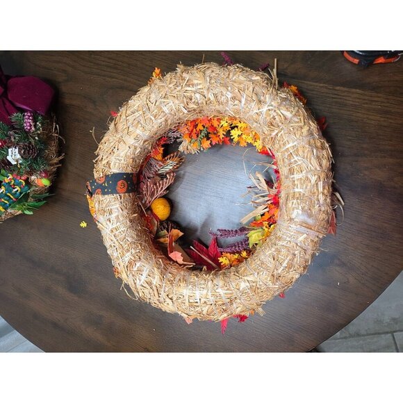 Handcrafted Fall Wreath With Mini Scarecrow & Witch Decor Straw Base Autumn Leav - Picture 13 of 14